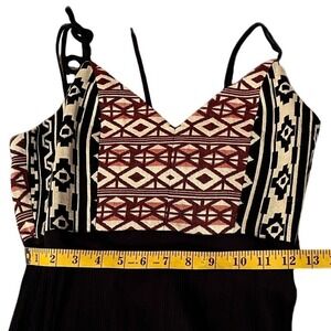 Artsy Sz M Black Tribal Print Geometric Mysterious Boho Lace Up Back Maxi Dress